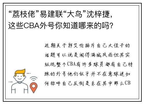 “荔枝佬”易建联“大鸟”沈梓捷，这些CBA外号你知道哪来的吗？